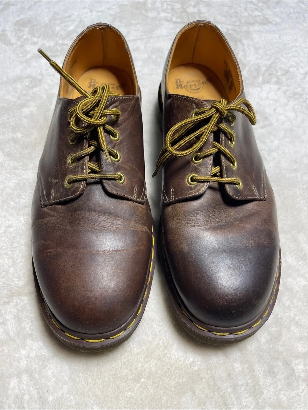 Dr. Martens 1561 Vintage Brown Leather Derby Shoes with Yellow Stitching Size 13
